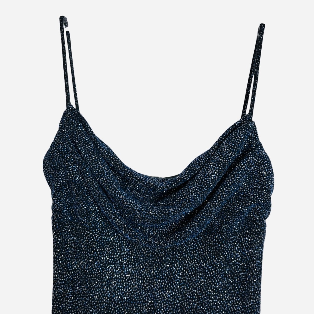 Vintage Jodi Kristopher Prom Dress Navy Glitter Drape Neck Evening Gown S - Picture 4 of 12